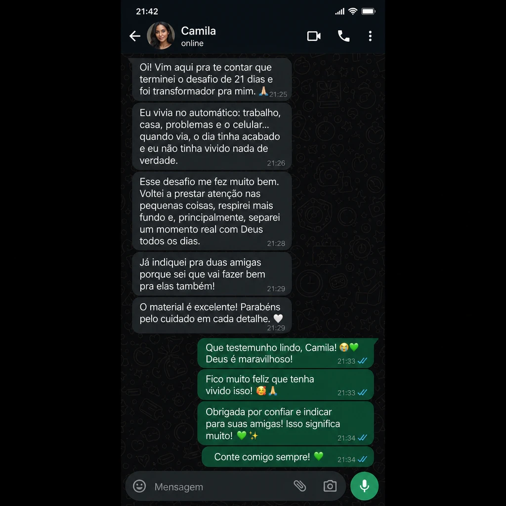 Depoimento em conversa de WhatsApp da Camila sobre o desafio de 21 dias