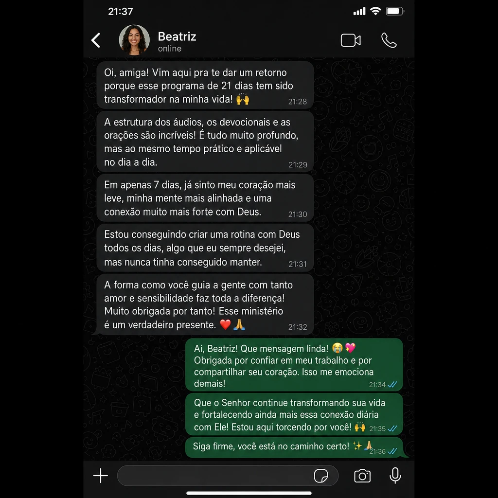 Depoimento em conversa de WhatsApp da Beatriz sobre a jornada de 21 dias