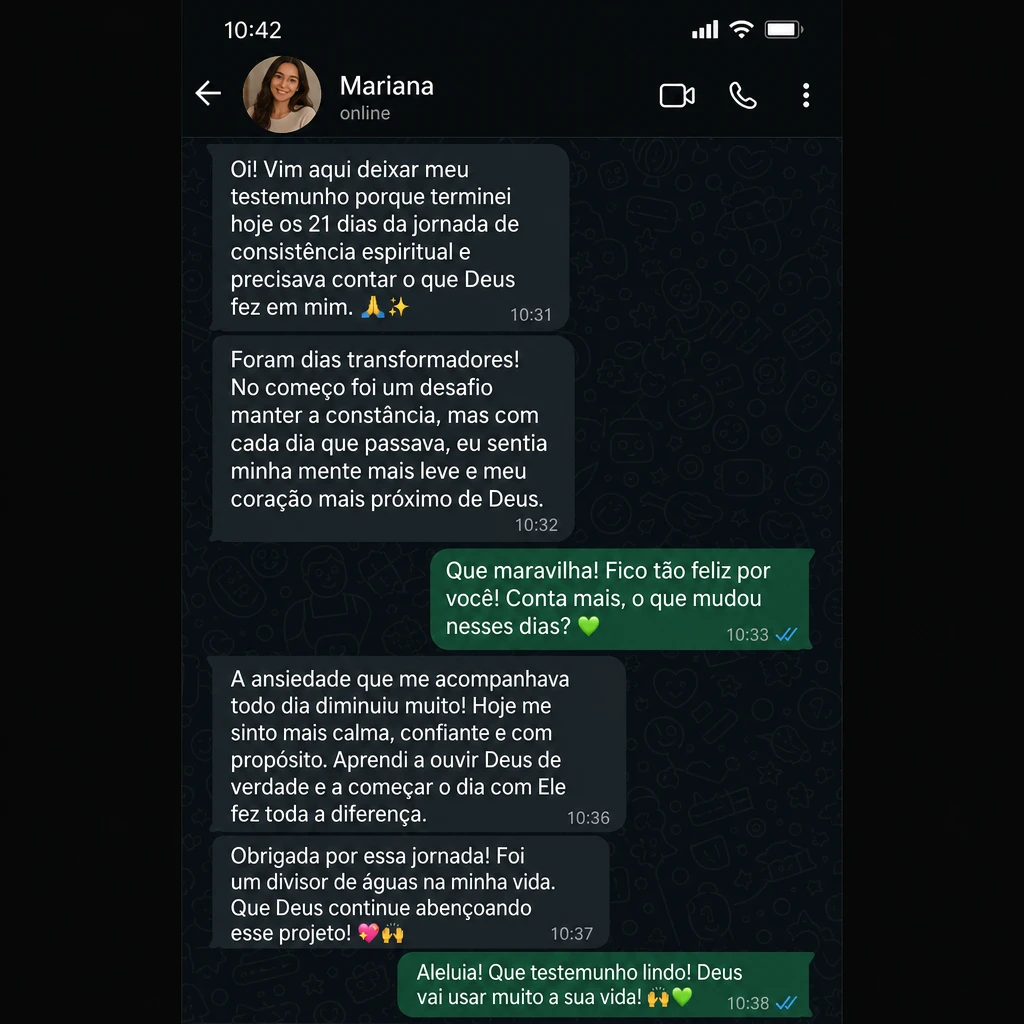 Depoimento em conversa de WhatsApp sobre a jornada de 21 dias
